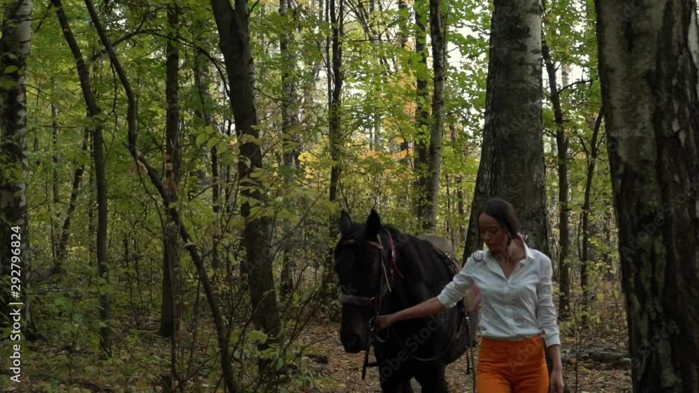 Girl in a white shirt riding a horse in the forest. Autumn weather and nature around. Girl in a white shirt riding a horse in the forest. Autumn weather and nature around.