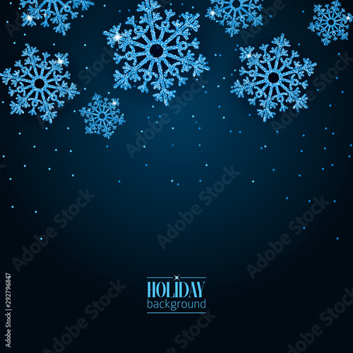 New Year greeting card with sparkling glitter blue textured snowflakes. Seasonal holidays background