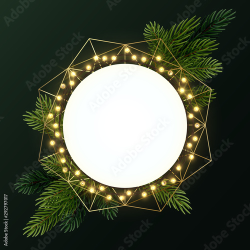 Round Christmas wreath with fir branches and luminous garland of bulbs. Circle with space for text. Vector flyer or banner template.