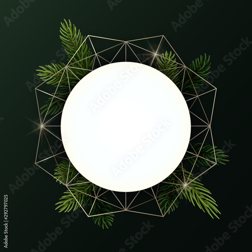 Round Christmas wreath with fir branches and geometric shape. Circle with space for text. Vector flyer or banner template.