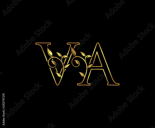 Classy Gold letter V and A, VA, elegant decorative ornament emblem badge, wedding logo, classy letter logo icon.