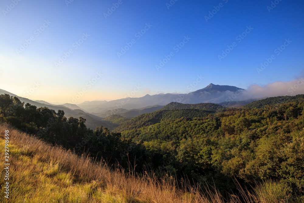 Obraz premium Cloudscape sunrise in Catalan Pyrenees over green mountains