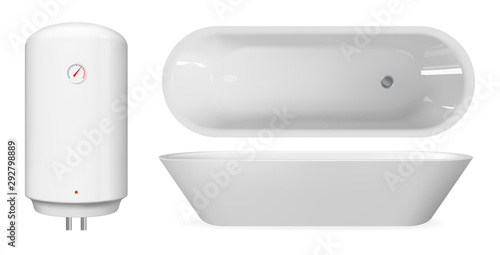 White realistic bathtub and boiler. Vector bathroom furniture set.