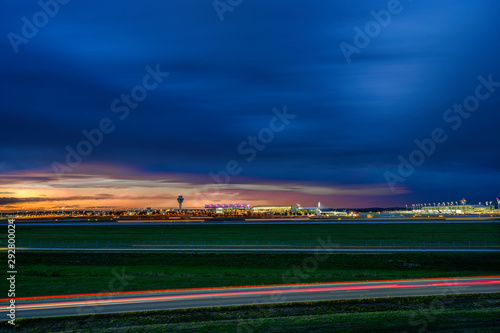 Panorama of Munich Airport Munich Airport MUC, EDDM. In the foreground the southern runwa