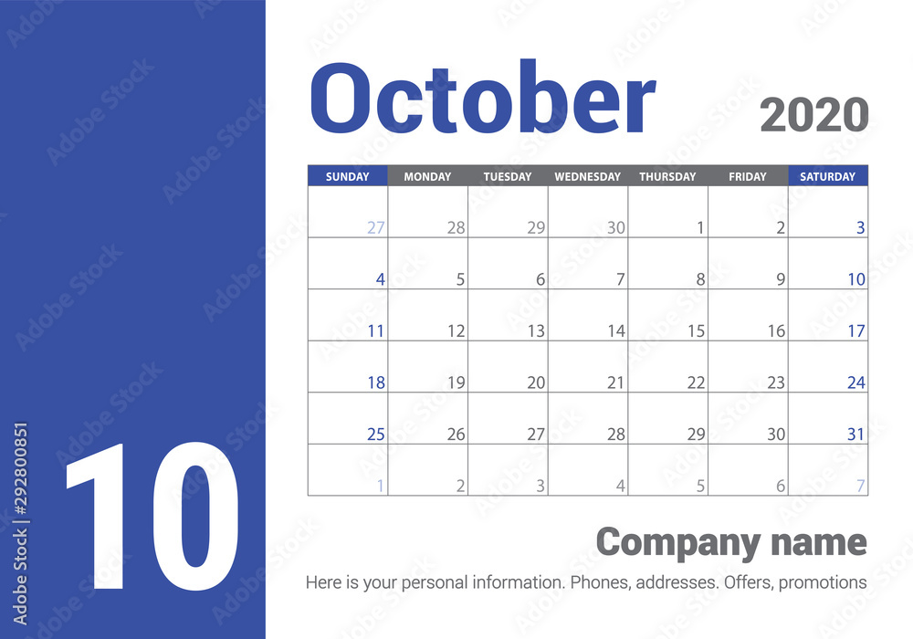 October 2020 calendar. English planner. Сolor vector template. Week ...