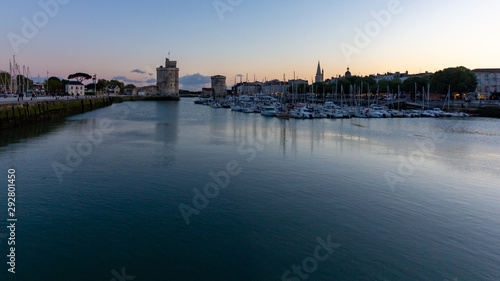 The towers at the entrance of La Rochelle harbor at sunset
