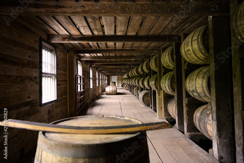 Distillery whiskey wooden barrel container room factory in Kentucky, USA
