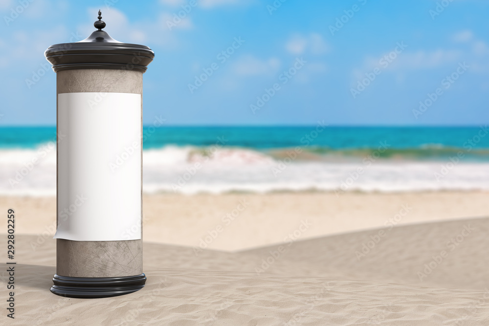 Empty Blank Cylindrical Advertising Column Billboard Mockup with Free Space for Your Design on Summer Sand Ocean Beach. 3d Rendering Empty Blank Cylindrical Advertising Column Billboard Mockup with Free Space for Your Design on Summer Sand Ocean Beach. 3d Rendering