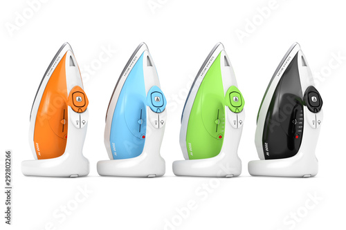 Row of Colorful Electric Clothes Steam Irons. 3d Rendering