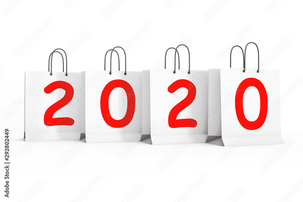 Shopping Bags with 2020 New Year Sign. 3d Rendering