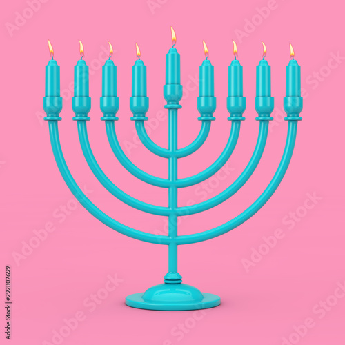 Retro Blue Hanukkah Menorah with Burning Candles Duotone. 3d Rendering
