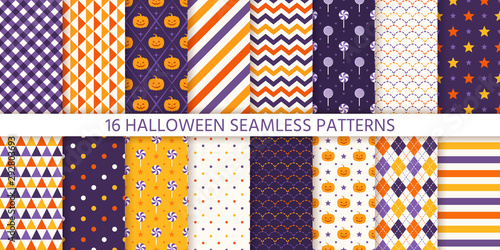 Halloween pattern. Seamless texture. Vector. Haloween background with pumpkin face, candy, polka dot, star, stripe, checker. Geometric wrapping paper, textile print. Orange yellow purple Illustration