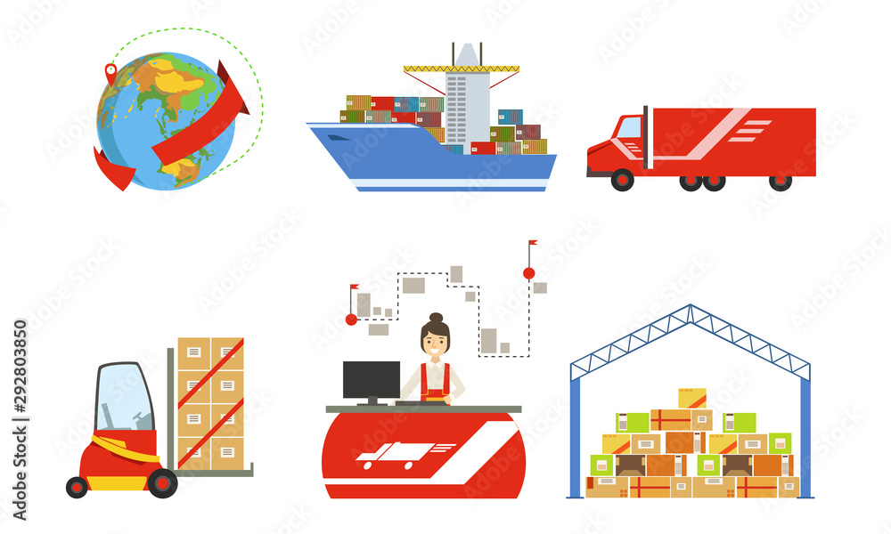 Warehouse, Cargo Transportation, Logistics and Distribution Set, Forklift, Truck, Ship, Warehouse Building Vector Illustration