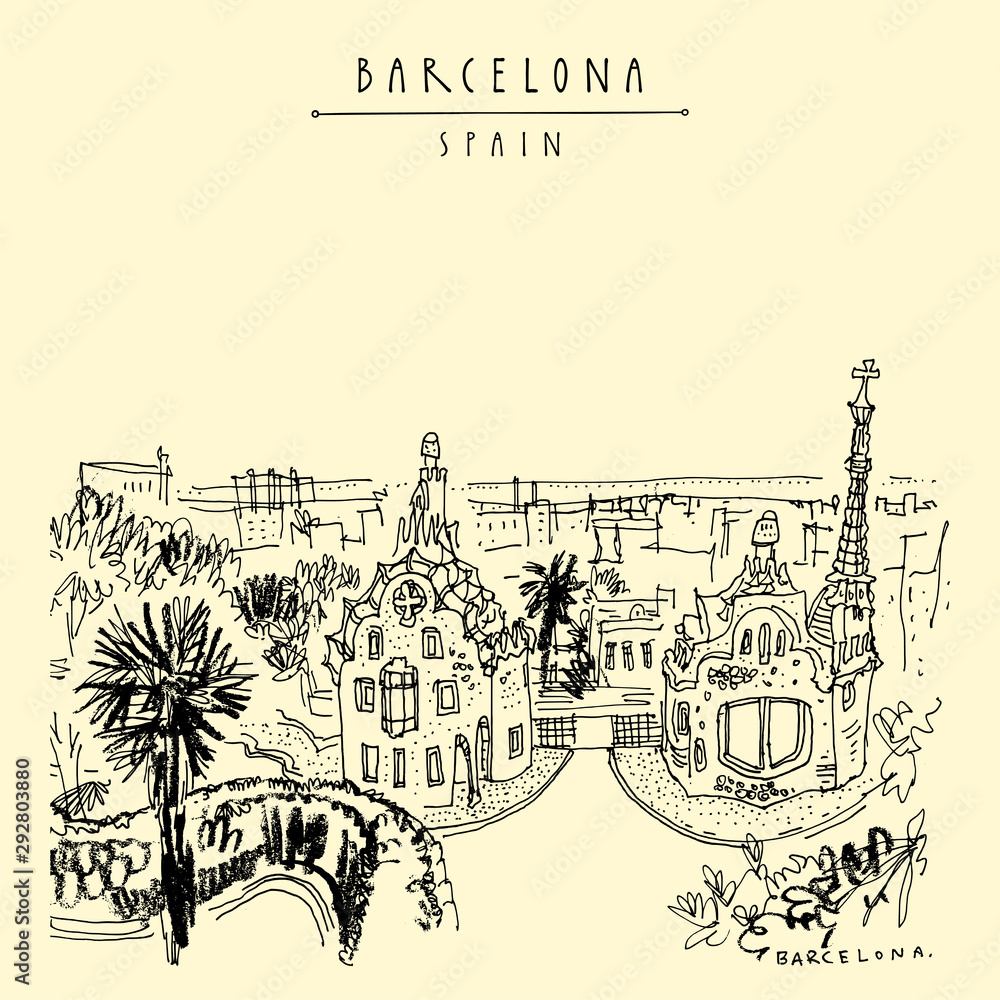 Barcelona, Catalonia, Spain. Park Guell and panoramic view of Barcelona city. Spanish travel sketch. Hand drawing. Vintage hand drawn Barcelona postcard. EPS10 vector illustration