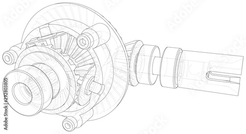 Transmission gearbox inside on white background. Vector rendering of 3d. Wire-frame style.