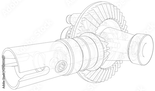 Gearbox sketch. Vector rendering of 3d. Wire-frame style.