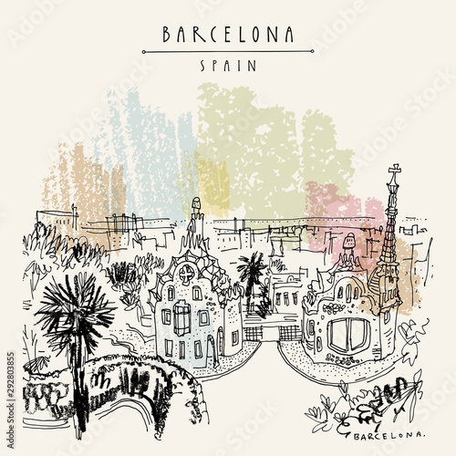 Barcelona, Catalonia, Spain. Park Guell and panoramic view of Barcelona city. Spanish travel sketch. Hand drawing. Vintage hand drawn Barcelona postcard. EPS10 vector illustration