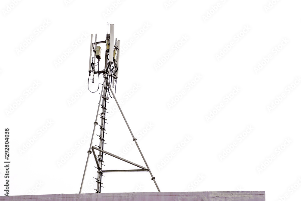 communication tower with antennas on the top of building isolate on white background communication tower with antennas on the top of building isolate on white background