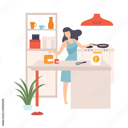 Woman is cooking in a pan. Vector illustration.