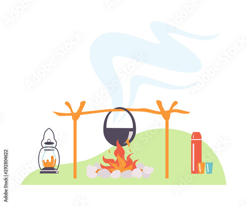 Bowler hat hangs over a bonfire. Vector illustration.