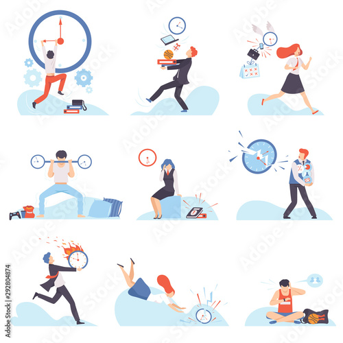 Different people are late and in a hurry. Vector illustration.