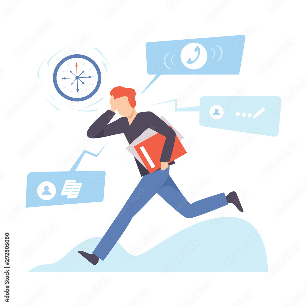 Man runs with a folder and clings to his head. Vector illustration. Man runs with a folder and clings to his head. Vector illustration.