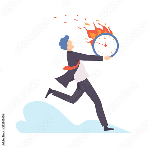 Man runs with a burning clock. Vector illustration.