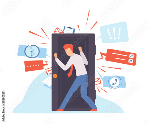 Man keeps the door closed. Vector illustration.