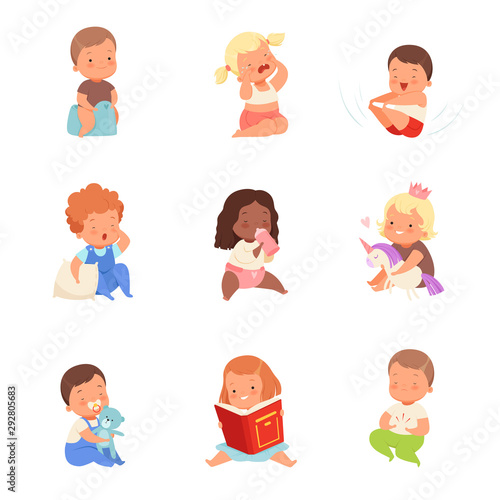 Toddlers in different situations. Vector illustration on a white background.