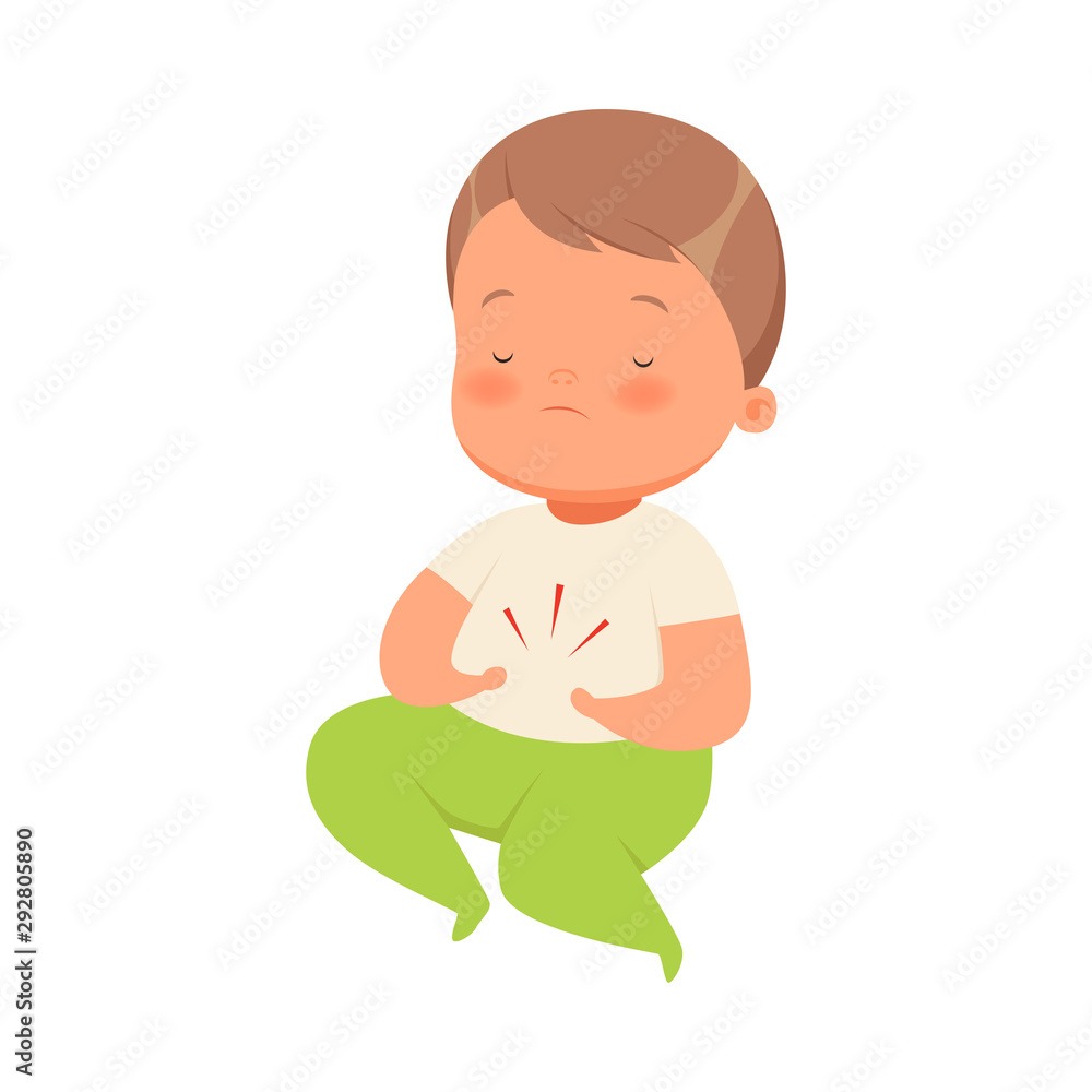 Little boy holds on to his stomach. Vector illustration on a white background. Little boy holds on to his stomach. Vector illustration on a white background.