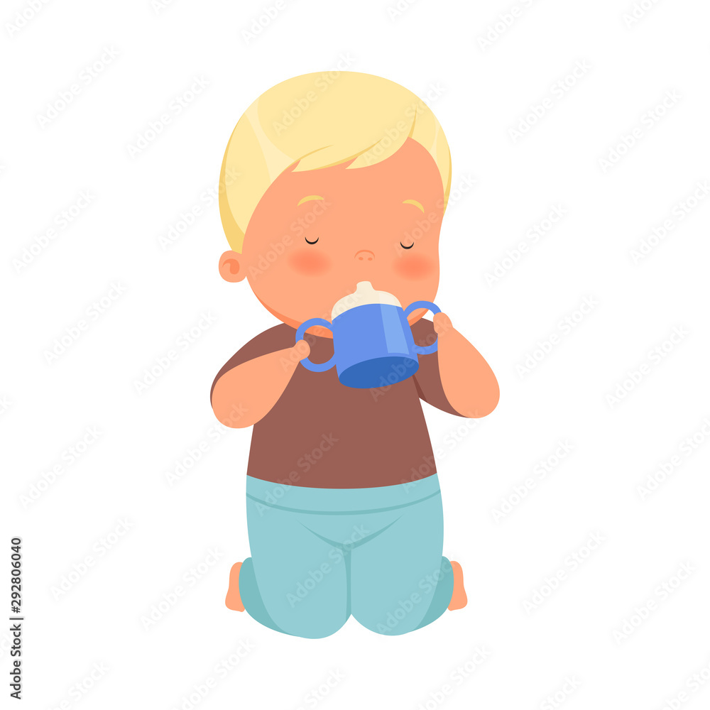 Boy drinks from a bottle with two handles. Vector illustration on a white background. Boy drinks from a bottle with two handles. Vector illustration on a white background.