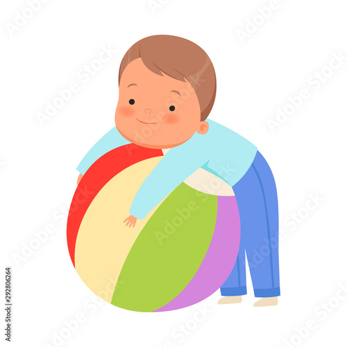 Boy hugs a huge ball. Vector illustration on a white background.