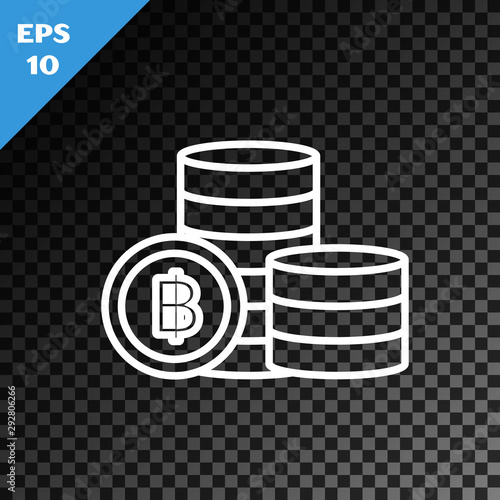 White line Cryptocurrency coin Bitcoin icon isolated on transparent dark background. Blockchain technology, bitcoin, digital money market, cryptocoin wallet. Vector Illustration
