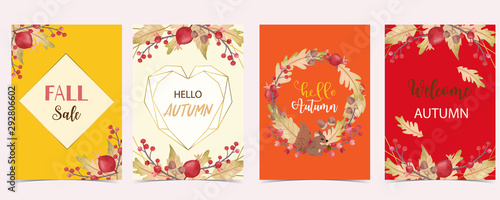 Collection of autumn background set with gold geometric,leaves,flower,wreath.Vector illustration for invitation,postcard and sticker.Editable element