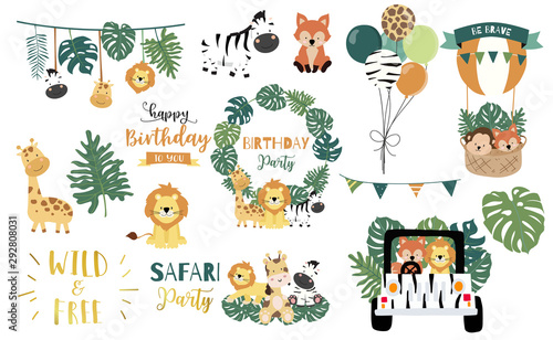 Billede på lærred Safari object set with fox,giraffe,zebra,lion,leaves,car