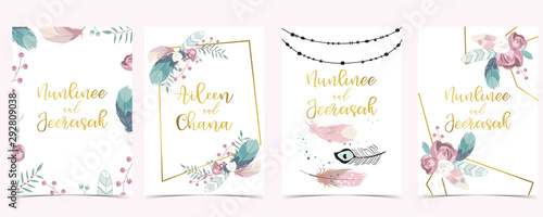 Pink green geometry wedding invitation with rose,feather and leaves.Vector birthday invitation for kid and baby.Editable element