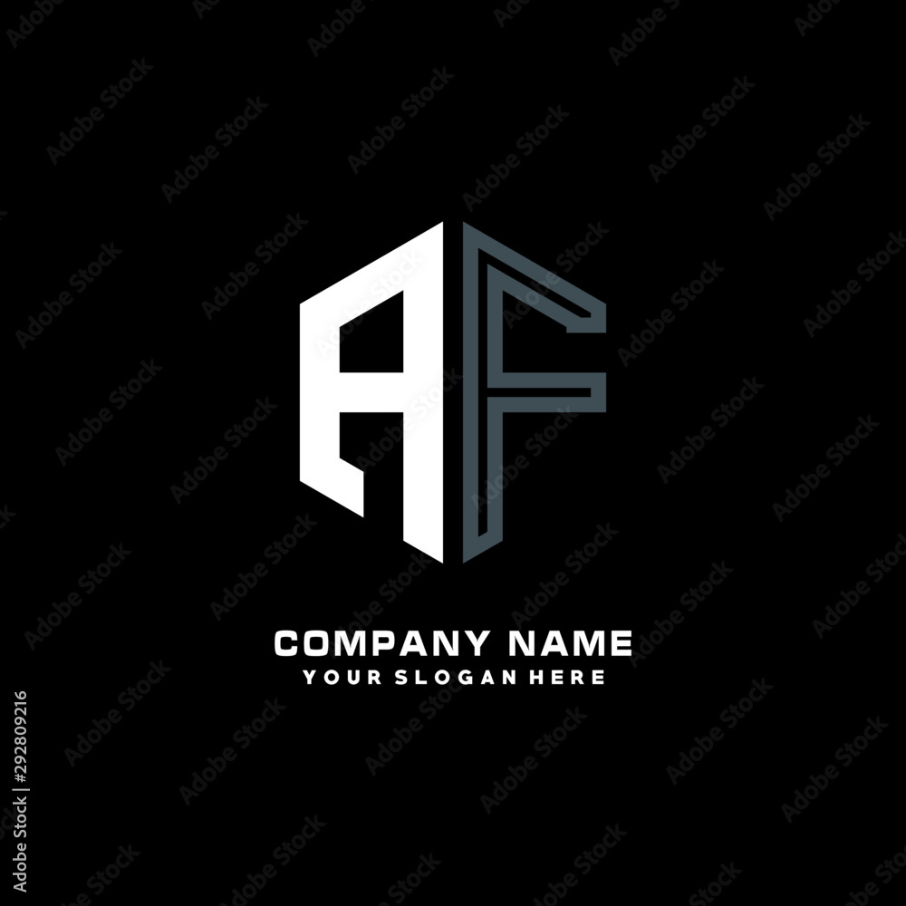Initial letter AF minimalist line art hexagon shape logo. color blue,white,black background Initial letter AF minimalist line art hexagon shape logo. color blue,white,black background