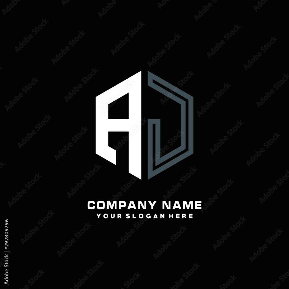 Initial letter AJ minimalist line art hexagon shape logo. color blue,white,black background Initial letter AJ minimalist line art hexagon shape logo. color blue,white,black background