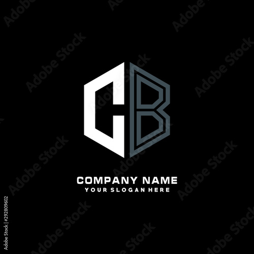 Initial letter CB minimalist line art hexagon shape logo. color blue,white,black background
