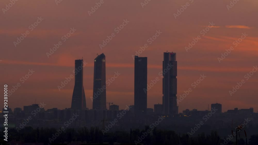 Timelapse of a beautiful sunrise in Madrid, Spain. Madrid skyline and colorful clouds at sunrise. Timelapse of a beautiful sunrise in Madrid, Spain. Madrid skyline and colorful clouds at sunrise.