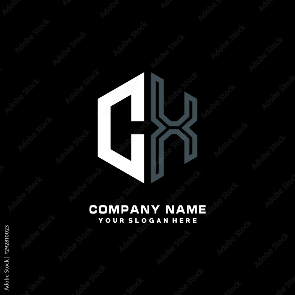 Initial letter CX minimalist line art hexagon shape logo. color blue,white,black background Initial letter CX minimalist line art hexagon shape logo. color blue,white,black background