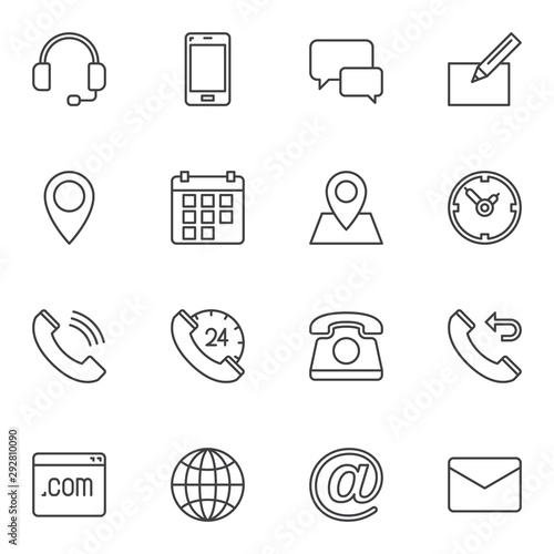 Contact line icons set. linear style symbols collection, outline signs pack. vector graphics. Set includes icons as support headset, telephone call, calendar, email envelope, location pin, web page