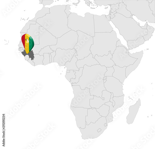 Location Map of Guinea on map Africa. 3d Guinean Republic flag map marker location pin. High quality map of  Guinea. Vector illustration EPS10.