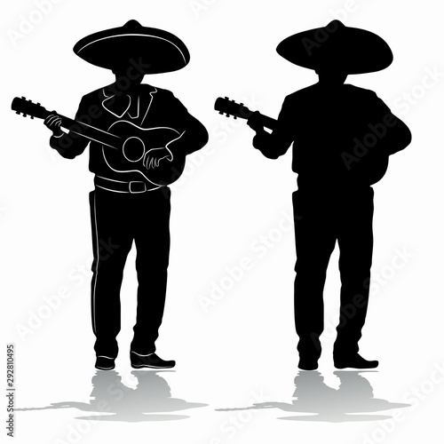 isolated silhouette of a mexican guitarist, vector drawing
