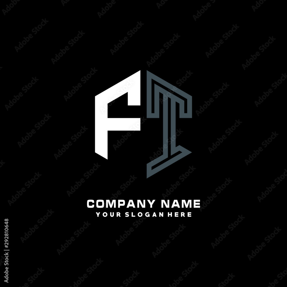 Initial letter FT minimalist line art hexagon shape logo. color blue,white,black background Initial letter FT minimalist line art hexagon shape logo. color blue,white,black background