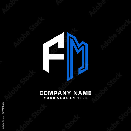 Initial letter FM minimalist line art hexagon shape logo. color  blue,white,black background