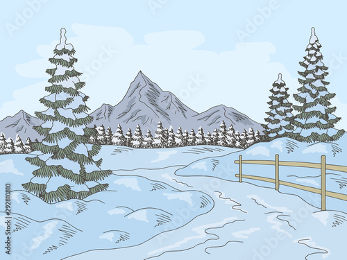 Winter road graphic color sketch landscape illustration vector