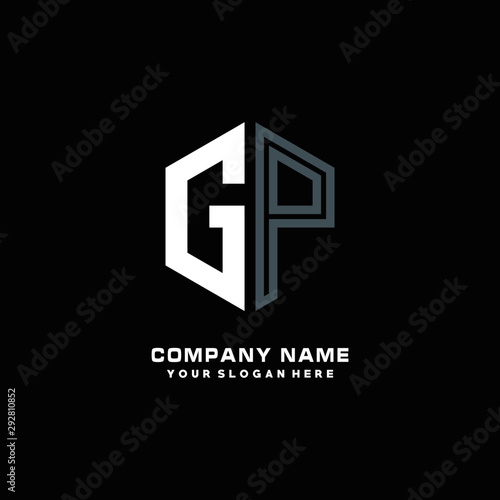 Initial letter GP minimalist line art hexagon shape logo. color  blue,white,black background