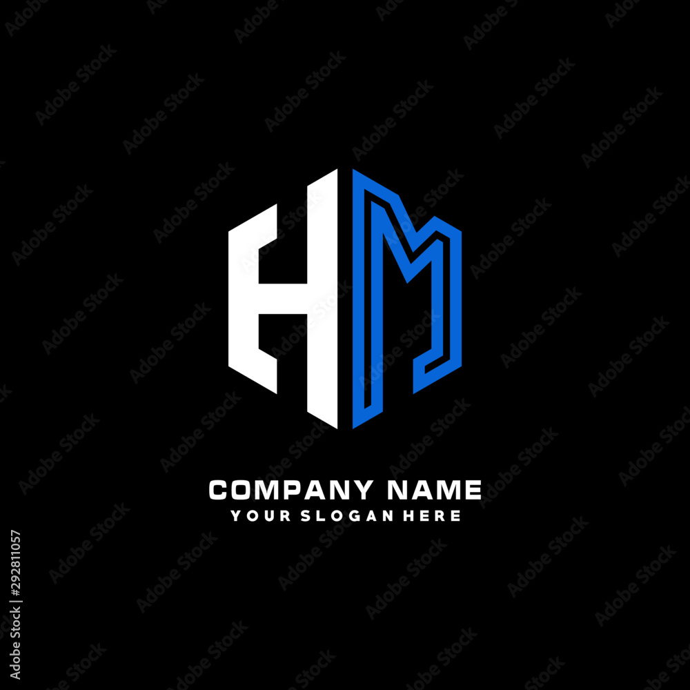 Obraz premium Initial letter HM minimalist line art hexagon shape logo. color blue,white,black background