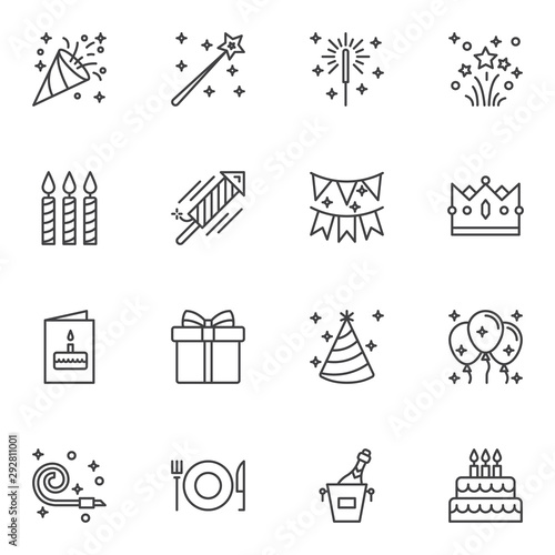 Party decoration line icons set. linear style symbols collection, outline signs pack. vector graphics. Set includes icons as popper, fireworks rocket, invitation card, flag, party balloons, cone hat